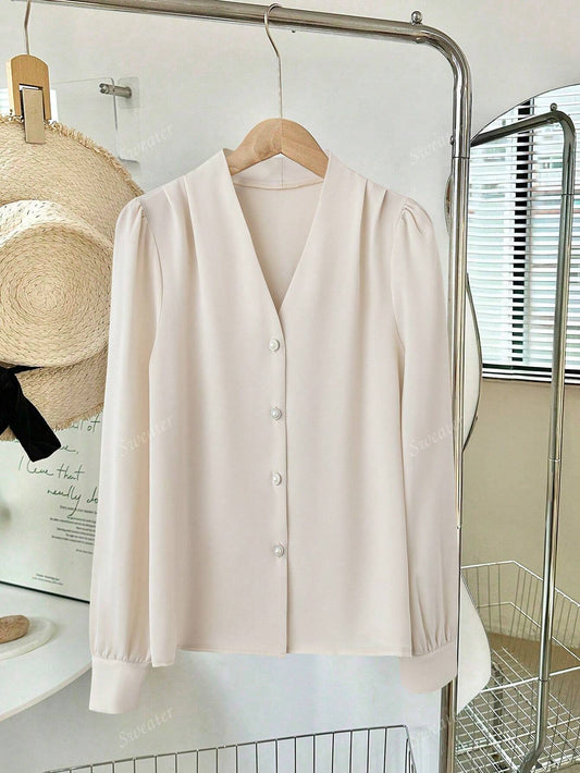 Blusa Feminina de Manga Longa com Decote em V, Elegante, Digna, Gentil, Versátil para Ir ao Trabalho, Casual Business, Temporada de Formatura, Dia da Independência, Amarelo Claro
