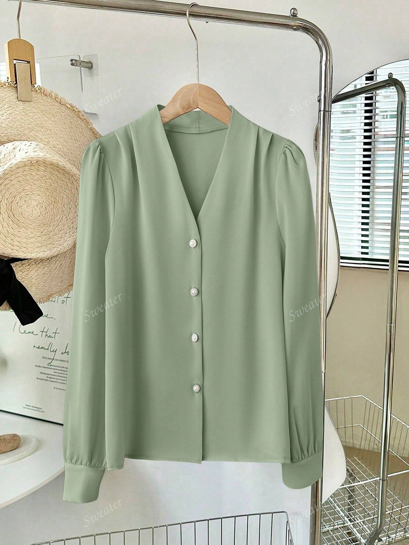 Blusa Feminina de Manga Longa com Decote em V, Elegante, Digna, Gentil, Versátil para Ir ao Trabalho, Casual Business, Temporada de Formatura, Dia da Independência, Amarelo Claro