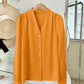 Blusa Feminina de Manga Longa com Decote em V, Elegante, Digna, Gentil, Versátil para Ir ao Trabalho, Casual Business, Temporada de Formatura, Dia da Independência, Amarelo Claro