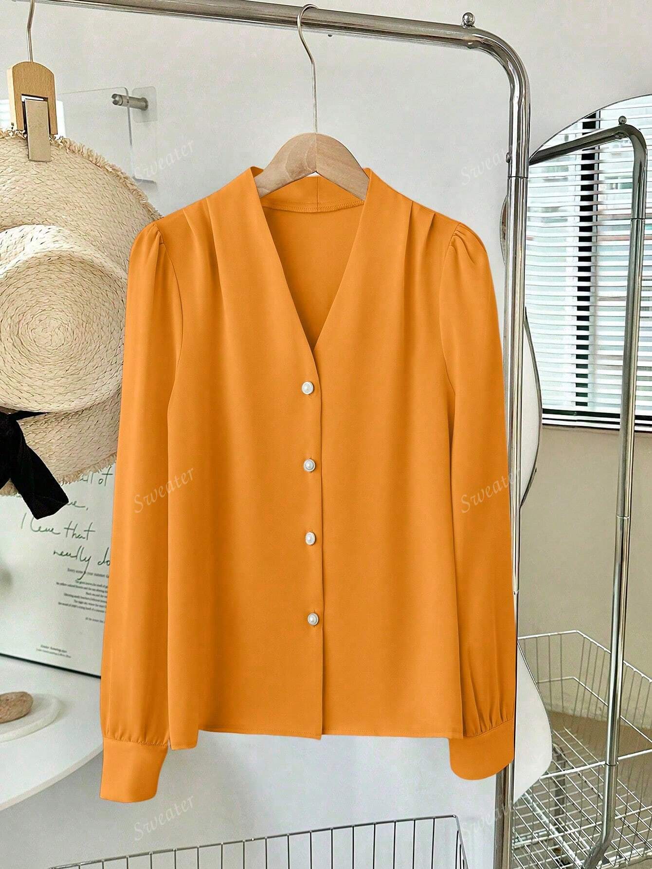 Blusa Feminina de Manga Longa com Decote em V, Elegante, Digna, Gentil, Versátil para Ir ao Trabalho, Casual Business, Temporada de Formatura, Dia da Independência, Amarelo Claro