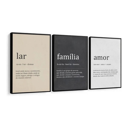 Kit 3 Quadros Decorativos 50x30 – Lar, Família, Amor