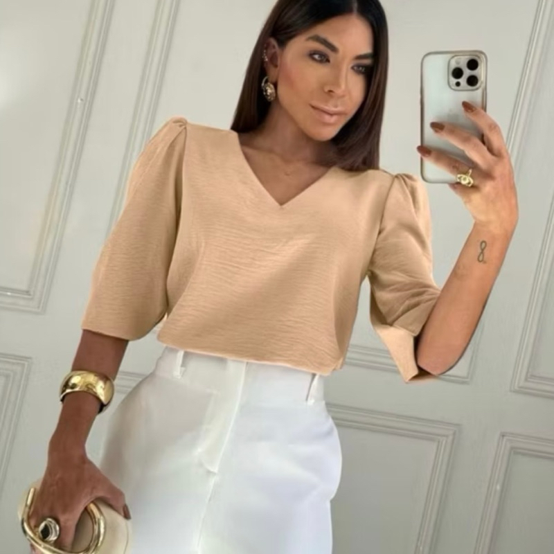 Blusa Feminina Manga Em Tecido Crepe Social Elegante