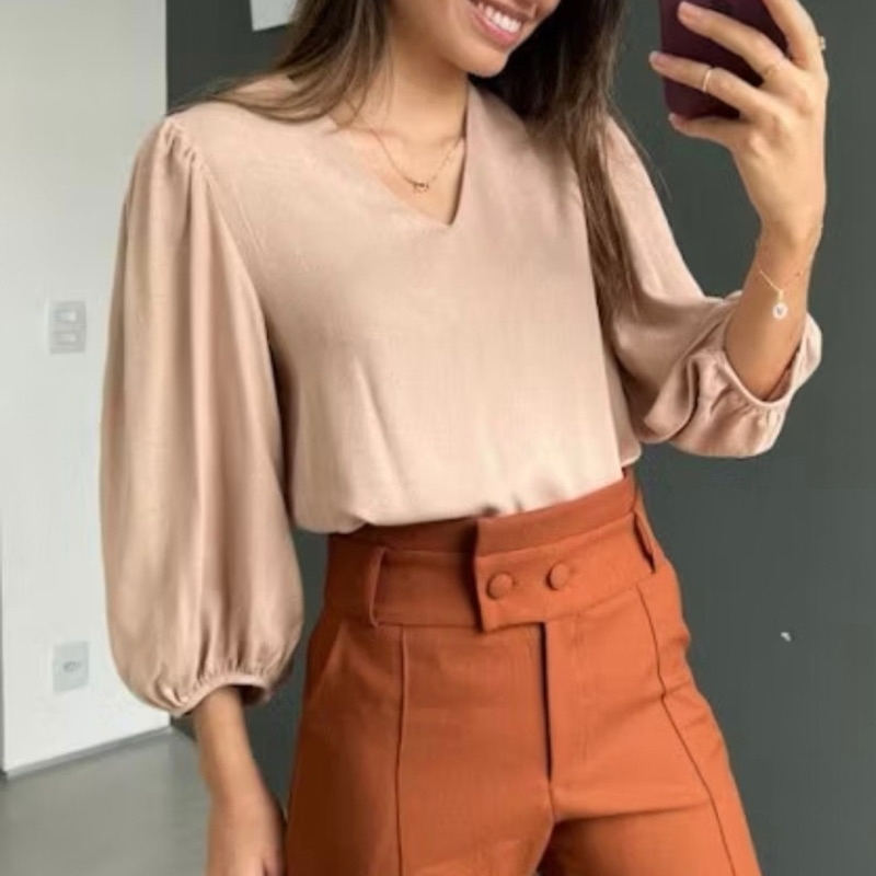 Blusa Feminina Manga Em Tecido Crepe Social Elegante