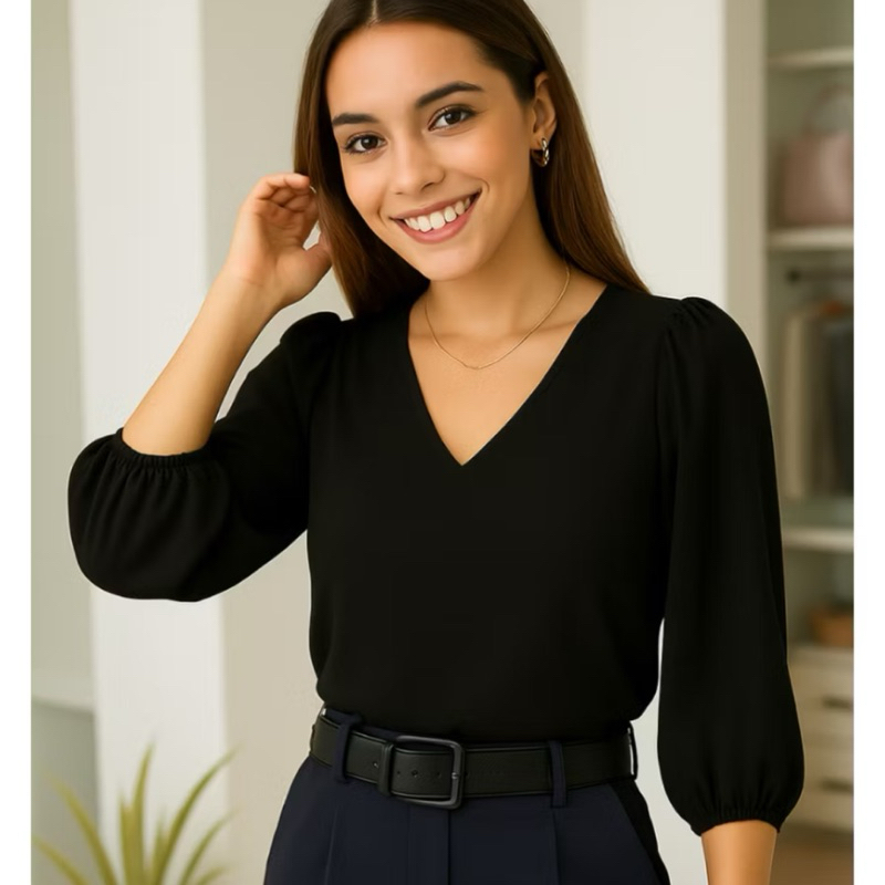 Blusa Feminina Manga Em Tecido Crepe Social Elegante